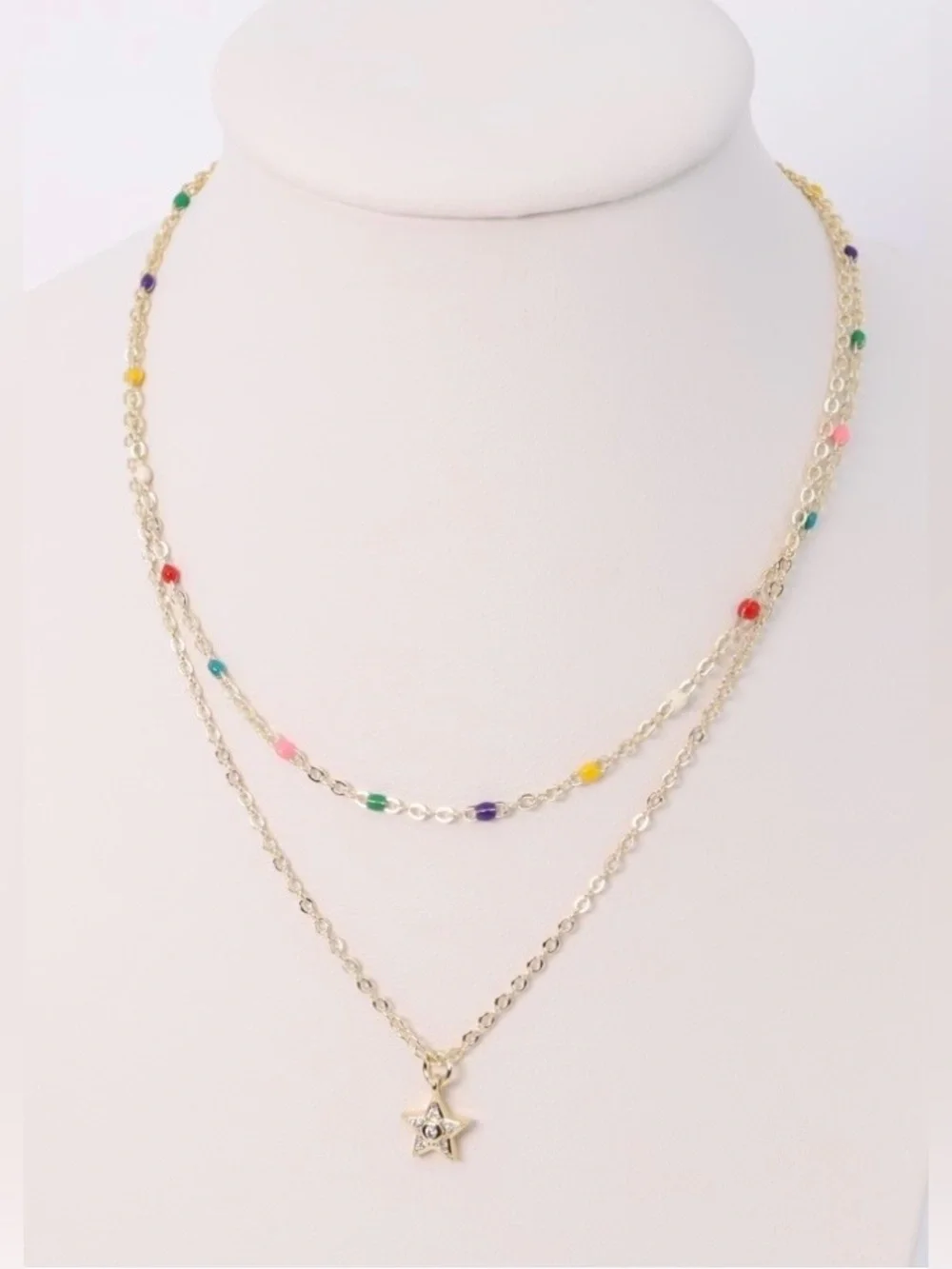 Adina Eden Gold Plated Star Pendant Layered Necklace with Multicolor Beads